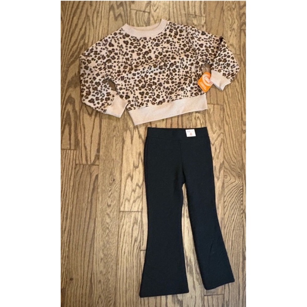 Wonder Nation Girls XS Cheetah Sweatshirt‎ Black Flare Pants 2pc Set NWT